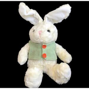 White Bunny Rabbit Plush Green Vest Bendable Ears 15”  Soft Stuffed Animal Toy